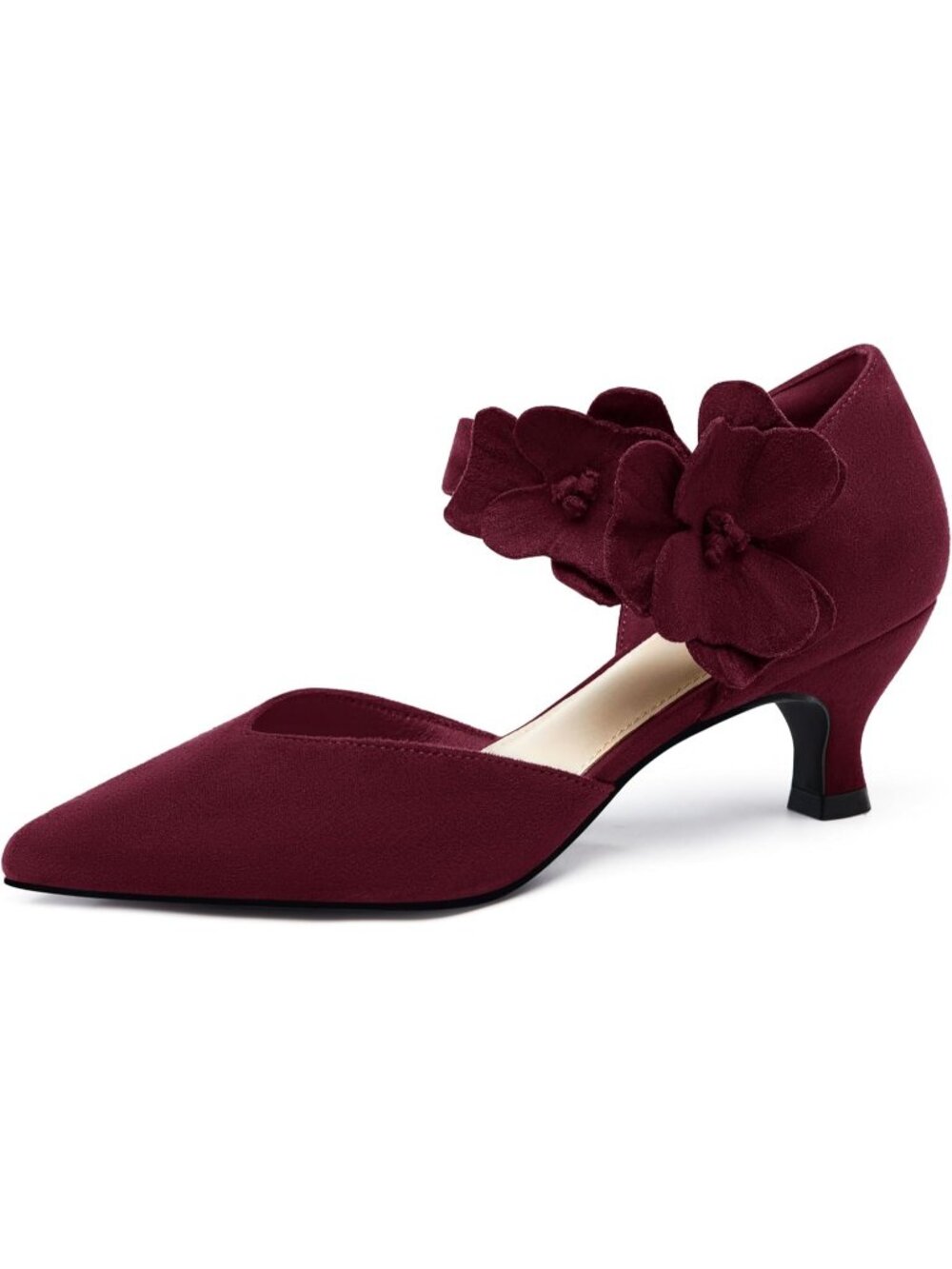 Women's Suede Burgundy Comfortable Closed Toe Flower Slip on Formal Kitten Heels
